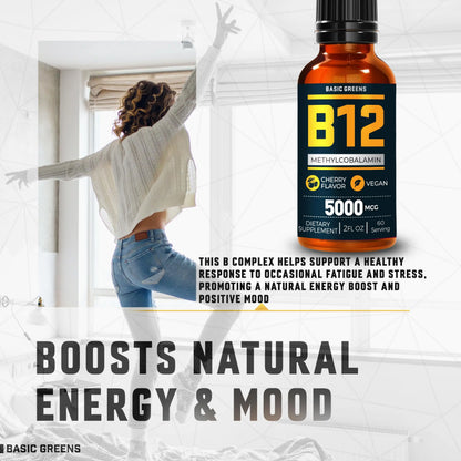 Vitamin B12 Sublingual Liquid Drops 5000 mcg – Vegan Methyl B-12 Supplement for Energy & Focus – B 12 Vitamin for Women & Men BASIC GREENS