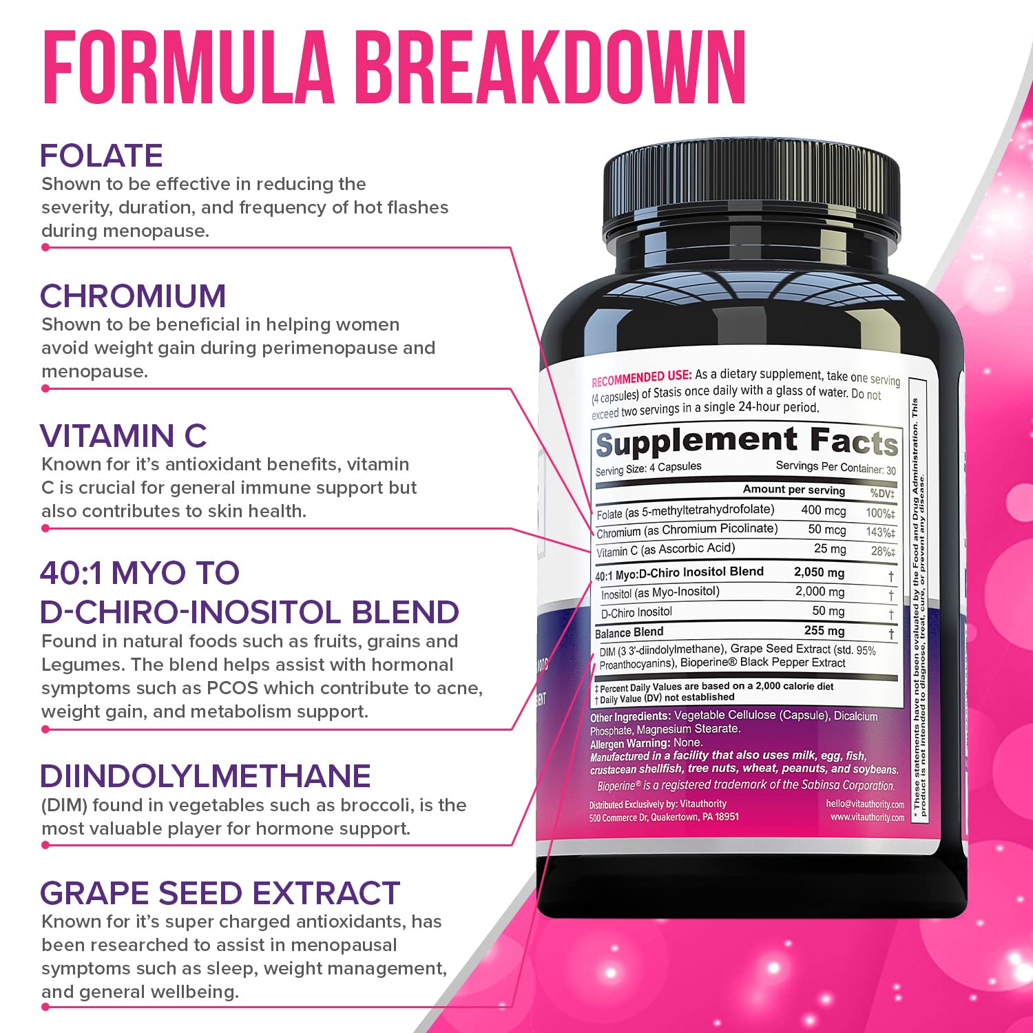 Myo-Inositol D-Chiro Women's Hormone Balance Supplement - 40:1 Myo-Inositol & D-ChiroInositol Blend with DIM for Hormone Balance for Women - Health Vitamins for Skin, Energy, & Cycle Support (1 Month) Vitauthority buy australia supplements