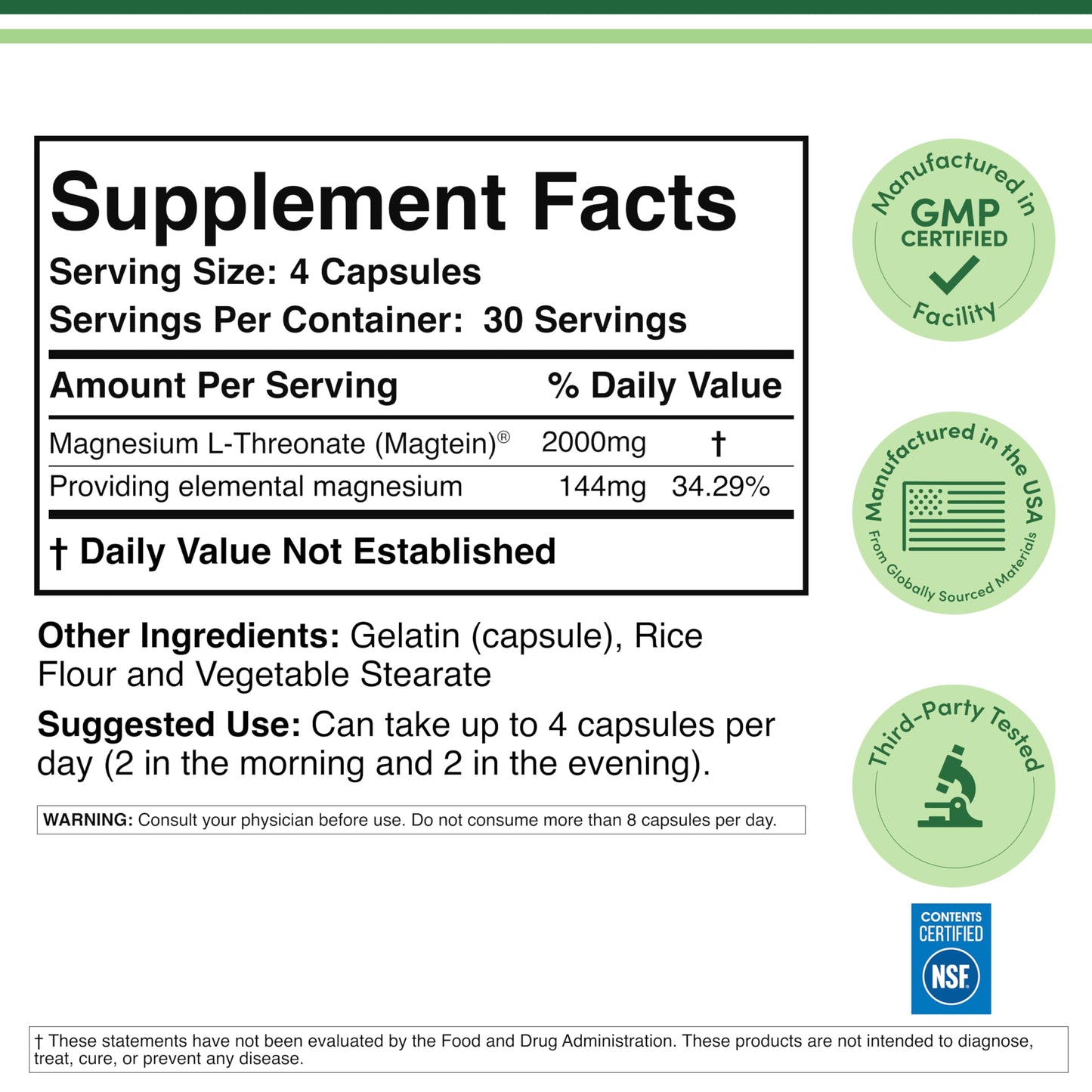 Magnesium L Threonate, Magtein - NSF Certified - Sleep and Cognitive Support – High Absorption – Most Bioavailable Form of Magnesium – 2,000 mg – 120 Capsules
