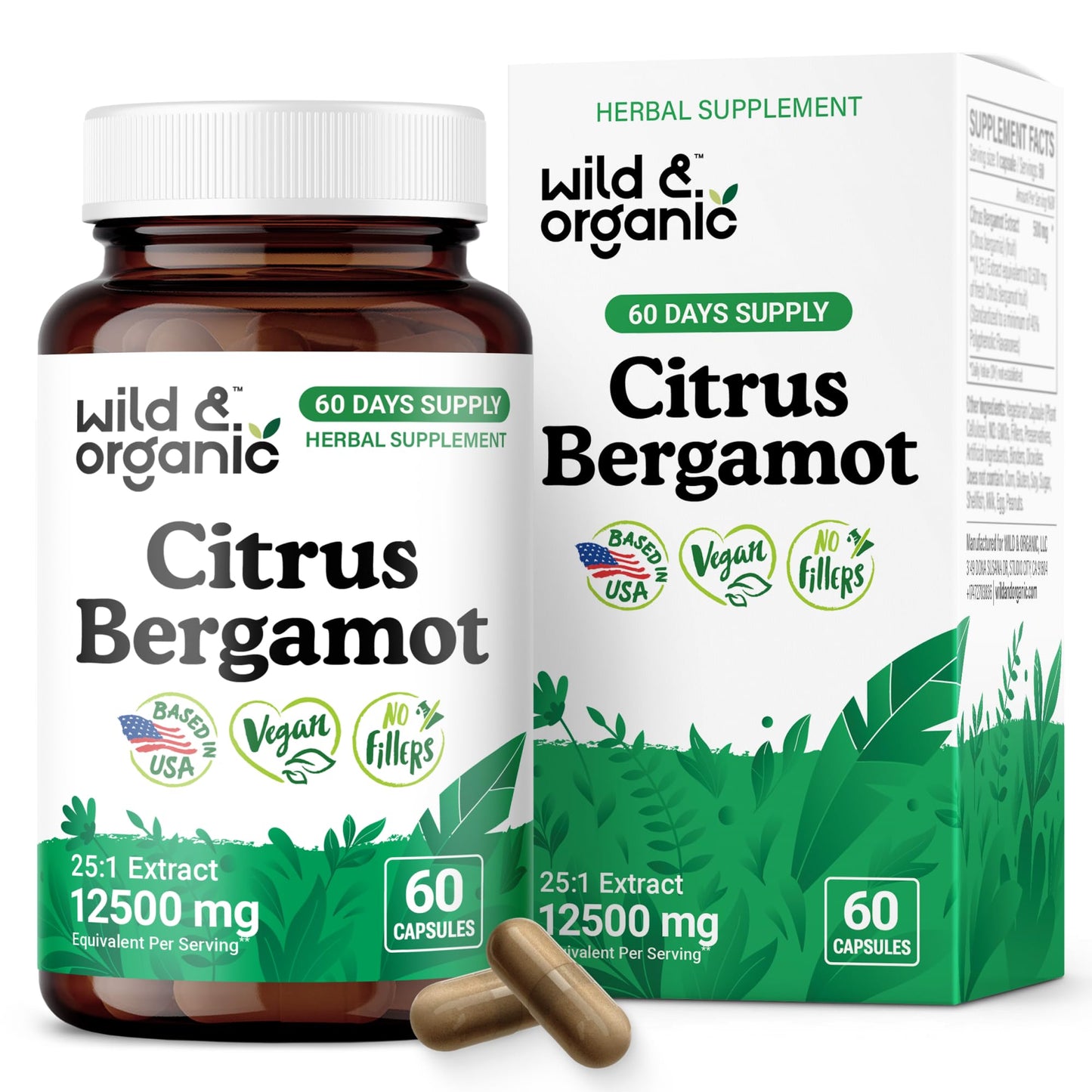 Wild & Organic Citrus Bergamot Capsules - Antioxidant & Overall Support - Citrus Bergamot Extract Capsules - Bergamia Fruit Powder Supplement Wild & Organic