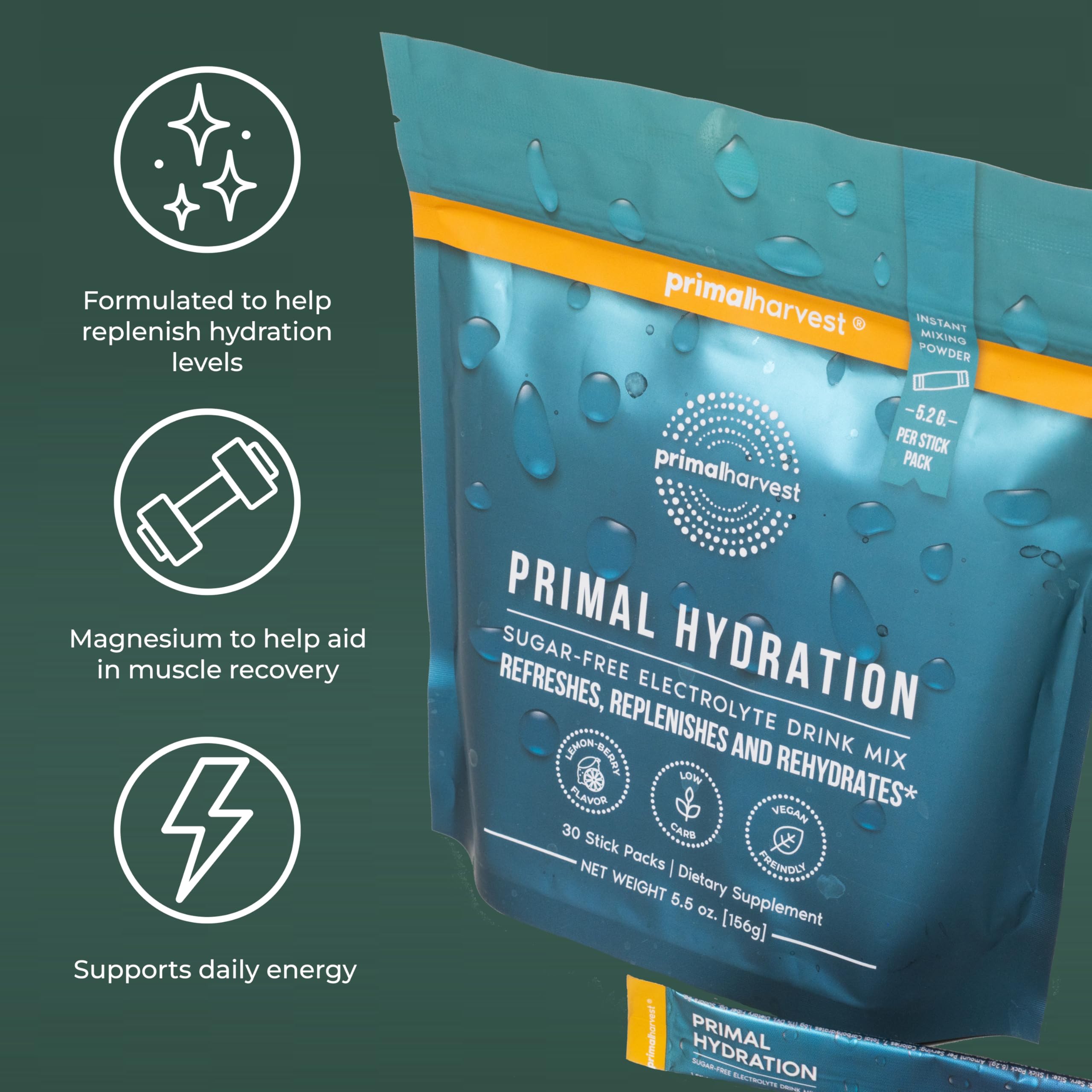 Primal Harvest Electrolytes Powder Packets Primal Hydration, Easy Open Packets, Energy Drink Mix (Lemon Berry, 30 Packs) (1 Bag) Primal Harvest buy australia supplements