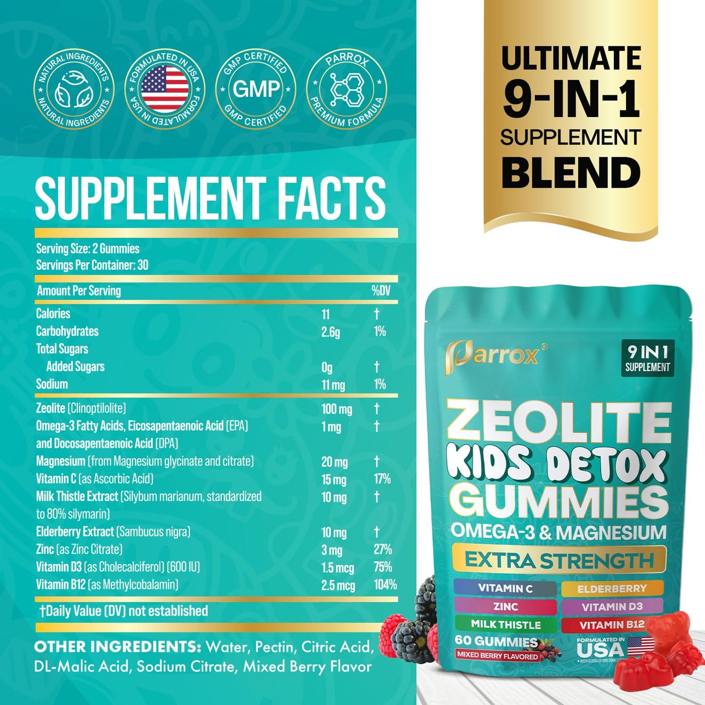 Parrox Zeolite Kids Gummies, 9-in-1 with Zeolite, Omega-3, Magnesium, Elderberry, Vitamin C, Milk Thistle, Vitamin D3, Zinc, B12 – Sugar-Free Parrox