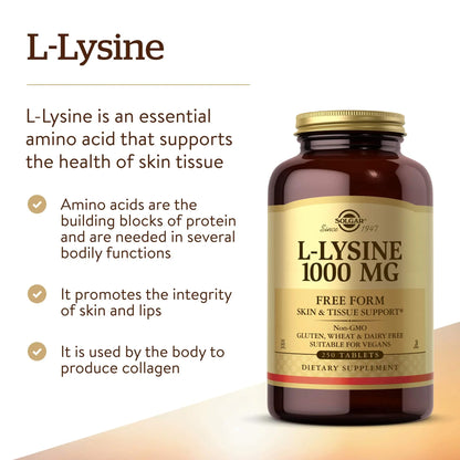 Solgar L-Lysine 1000 mg, 250 Tablets - Enhanced Absorption and Assimilation - Promotes Integrity of Skin and Lips - Collagen Support - Amino Acids Solgar
