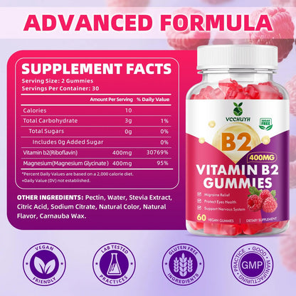VCCHUYH Vitamin B2 Gummies for Kids & Adults, VIT B2 Riboflavin 400mg Supplement with Magnesium for Migraine Relief & Nervous System Support, Non-GMO VCCHUYH