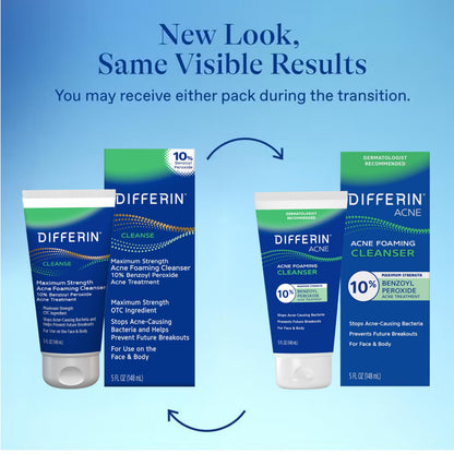 Differin Acne Foaming Face Wash, Max Strength, 10% Benzoyl Peroxide, 5oz Differin
