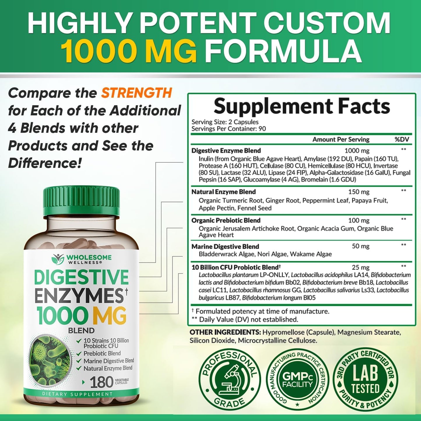 Wholesome Wellness Digestive Enzymes 1000MG Plus Prebiotics & Probiotics Supplement, 180 Capsules, Organic Plant-Based Vegan Formula for Digestion & Lactose with Amylase & Bromelain,3-6 Months Supply Gsupps Australia