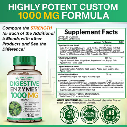 Wholesome Wellness Digestive Enzymes 1000MG Plus Prebiotics & Probiotics Supplement, 180 Capsules, Organic Plant-Based Vegan Formula for Digestion & Lactose with Amylase & Bromelain,3-6 Months Supply Gsupps Australia