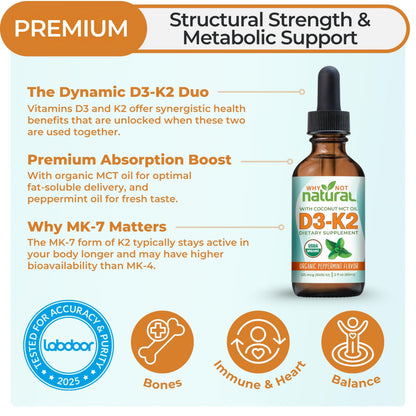 Why Not Natural Organic Vitamin D3 K2 (MK-7) Liquid Drops, 5000 IU of sublingual D3 with Coconut MCT Oil Why Not Natural
