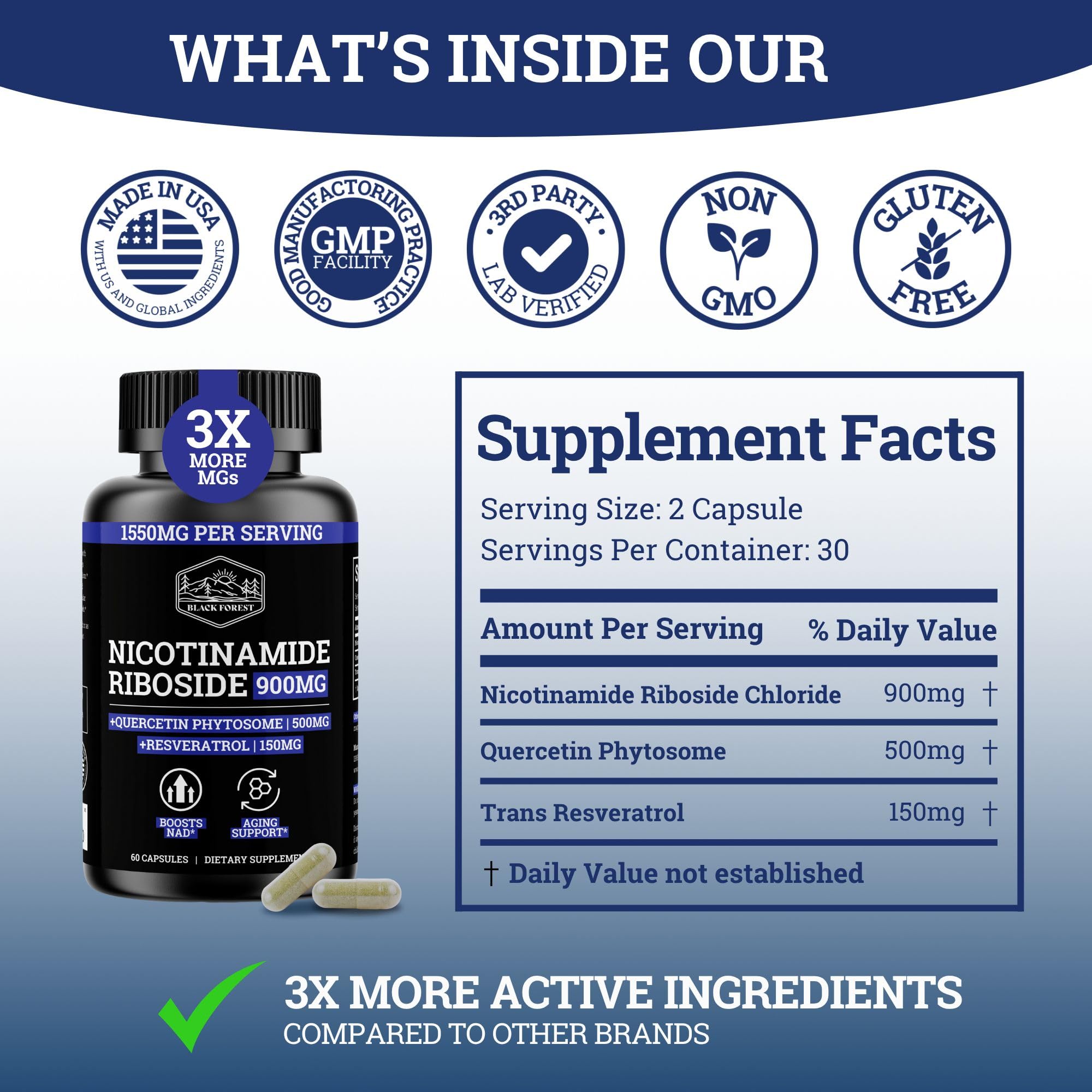 Black Forest NAD Nicotinamide Riboside 900 mg (Liposomal Nicotinamide Riboside 900mg Resveratrol, Quercetin 500mg & 150mg of NAD Resveratrol Supplement) 1550 MGS NR Supplement 900mg NAD+ Black Forest buy australia supplements