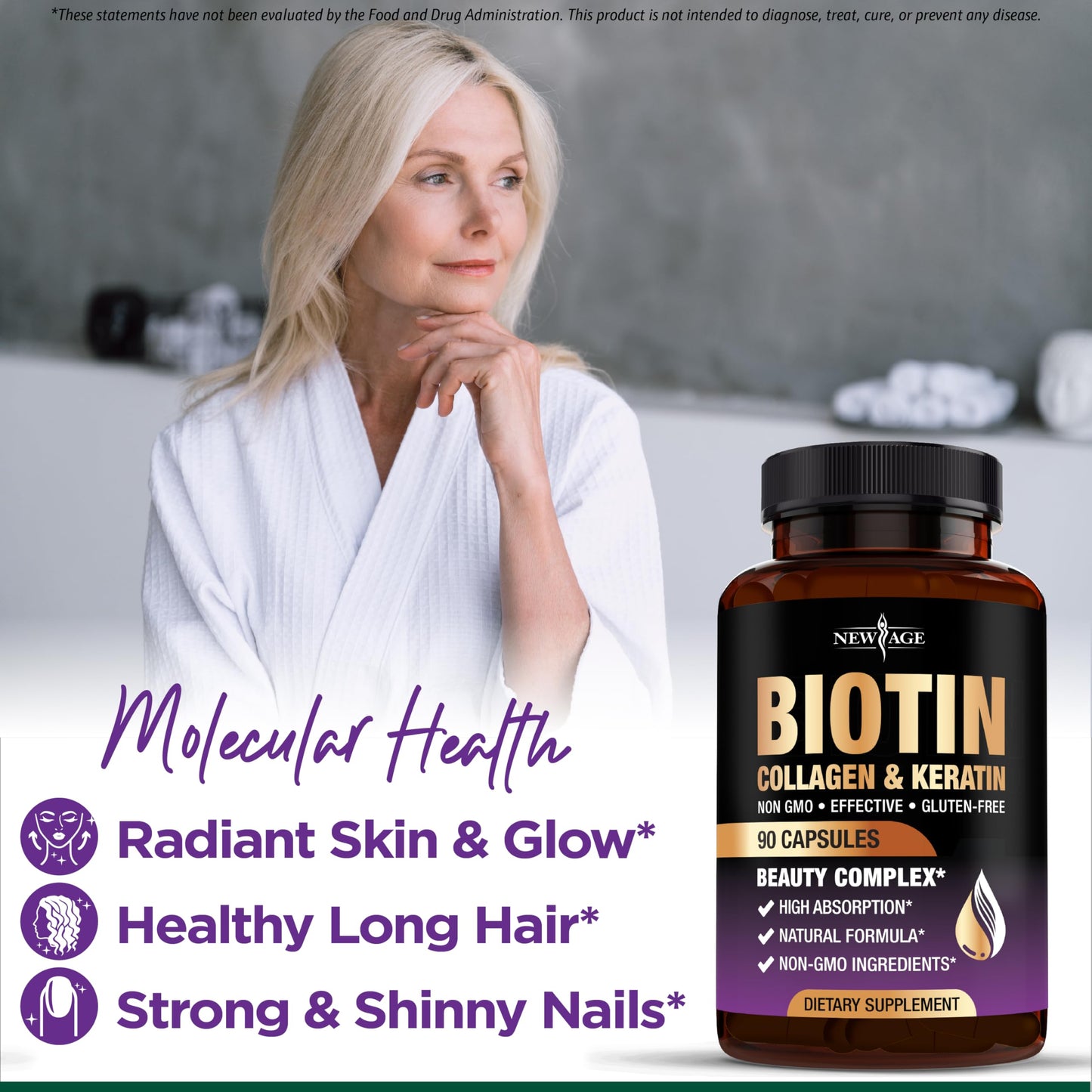 NEW AGE Biotin Collagen Keratin Hyaluronic Acid - 50,000mcg Hair Growth Vitamins for Men and Women, Nails, Hair, Skin Vitamins and DHT Blocker with Vitamin E Folic NEW AGE