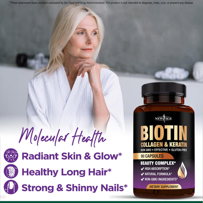 NEW AGE Biotin Collagen Keratin Hyaluronic Acid - 50,000mcg Hair Growth Vitamins for Men and Women, Nails, Hair, Skin Vitamins and DHT Blocker with Vitamin E Folic NEW AGE