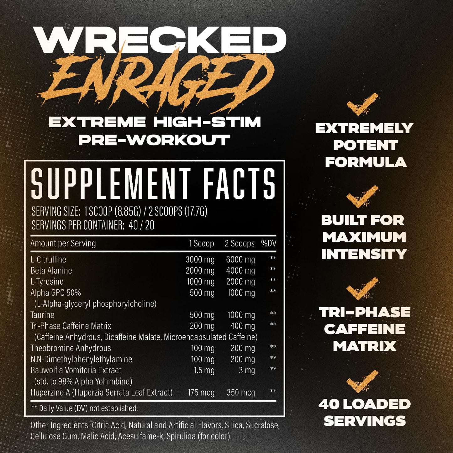 Wrecked Enraged High Stim Pre Workout - Extreme Hardcore Formula for Intense Energy, Laser Focus & Maximum Strength - Potent Stimulant Matrix - for Advanced Lifters, Not for Beginners (40 Servings)