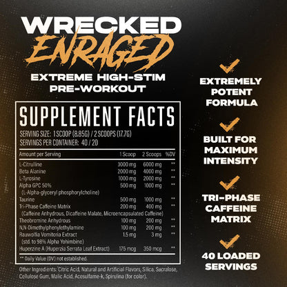 Wrecked Enraged High Stim Pre Workout - Extreme Hardcore Formula for Intense Energy, Laser Focus & Maximum Strength - Potent Stimulant Matrix - for Advanced Lifters, Not for Beginners (40 Servings)