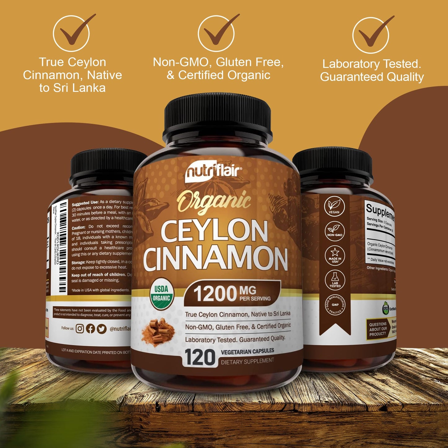 NutriFlair Organic Ceylon Cinnamon Supplement 1200mg, 120 Capsules - USDA Certified - Non-GMO, Gluten Free Powder, Antioxidant Pills NutriFlair