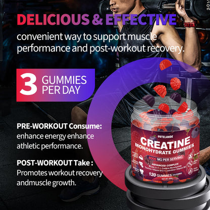 Creatine Monohydrate Gummies 8000 mg for Men & Women, Creatine Supplement for Enhanced Muscle Growth, Energy Boost - with L-Taurine, Sugar Free, Vegan OUTELANDE