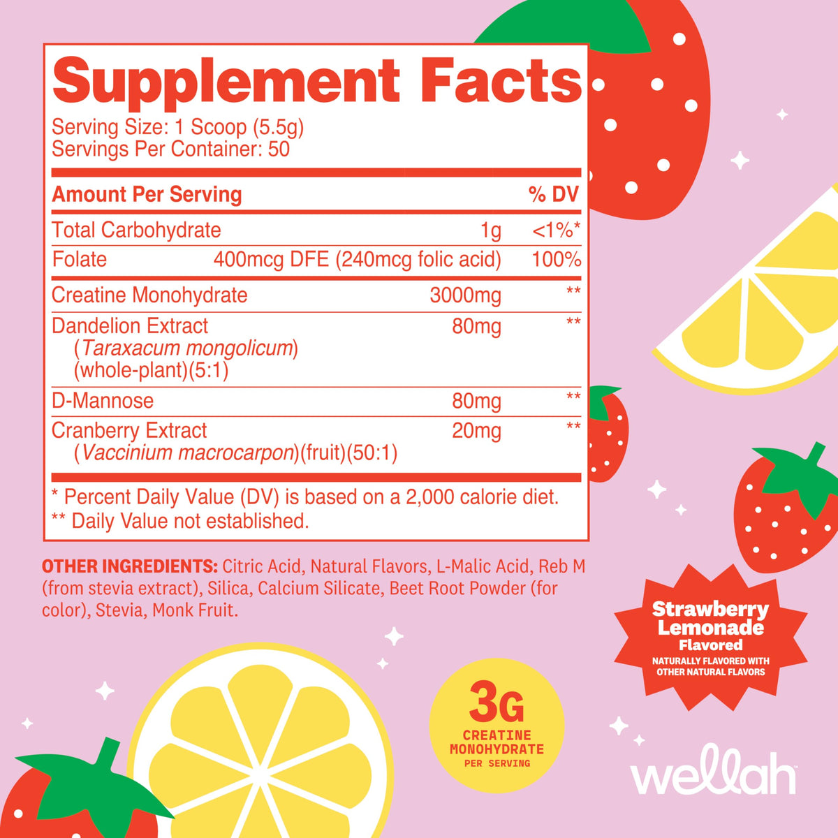 Wellah Creatine for Women - Creatine Monohydrate with Dandelion & Cranberry Extract (50 Servings, Strawberry Lemonade) Wellah