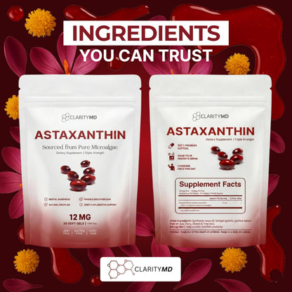 ClarityMD Astaxanthin 12mg Antioxidants Supplement – Natural Microalgae Source – Lipid-Based Softgel for Enhanced Absorption – Cognitive ClarityMD
