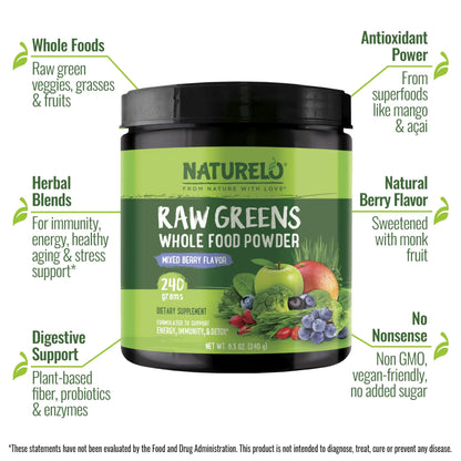 NATURELO Raw Greens Superfood Powder 240 Grams, Mixed Berry - Supports Energy, Immunity and Detox - Includes Spirulina, Wheat Grass and Organic Greens for Whole Food Nutrition NATURELO