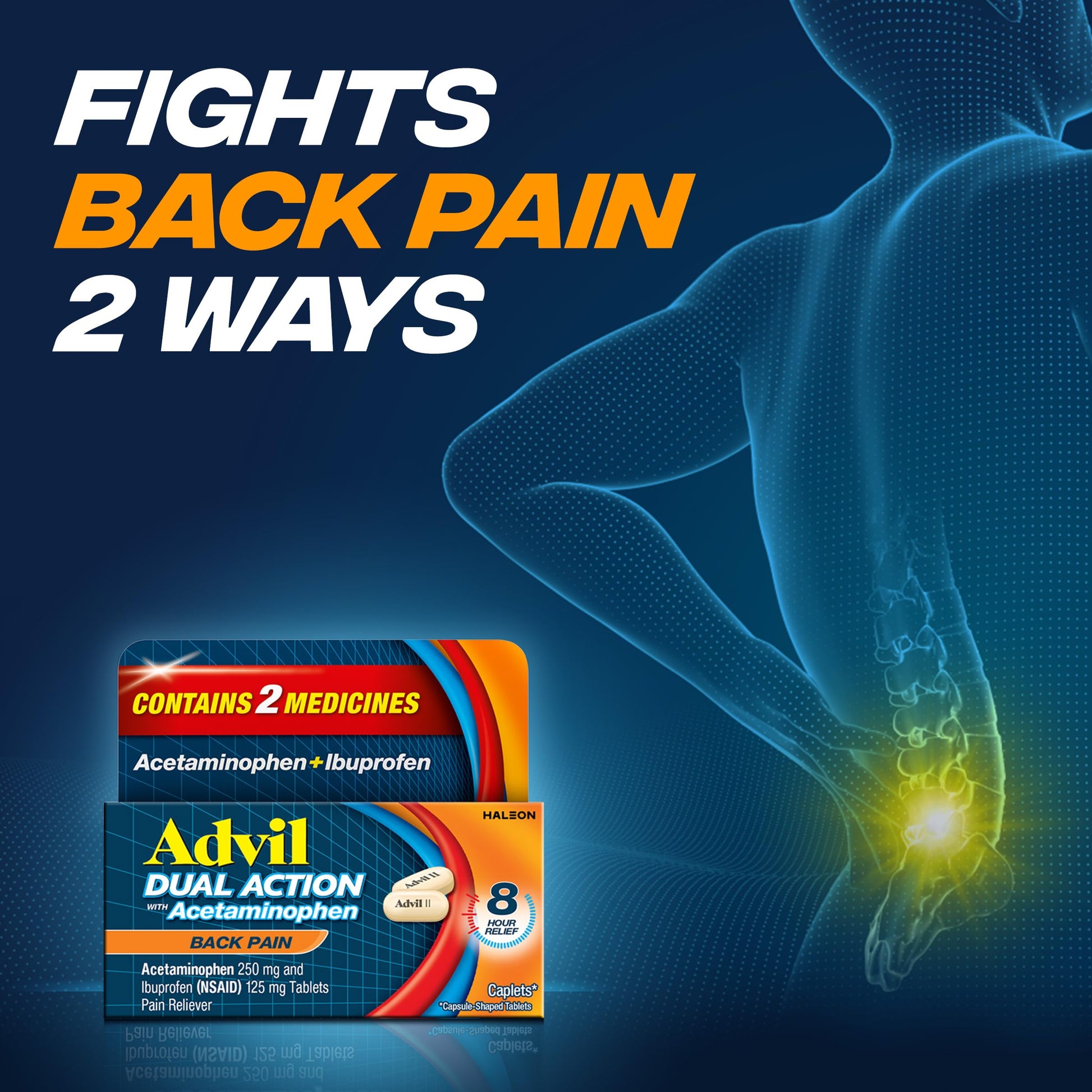 Advil Dual Action Back Pain Caplets Delivers 125mg Ibuprofen and 250mg Acetaminophen Per Dose for 8 Hours of Back Pain Relief - 144 Count Advil buy australia supplements