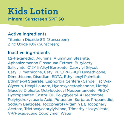 Blue Lizard Kids Mineral SPF 50 Sunscreen Lotion, 100% Mineral, Children’s Sunscreen, Water-Resistant Formula, Paraben-Free, Fragrance-Free, 5 fl oz BLUE LIZARD