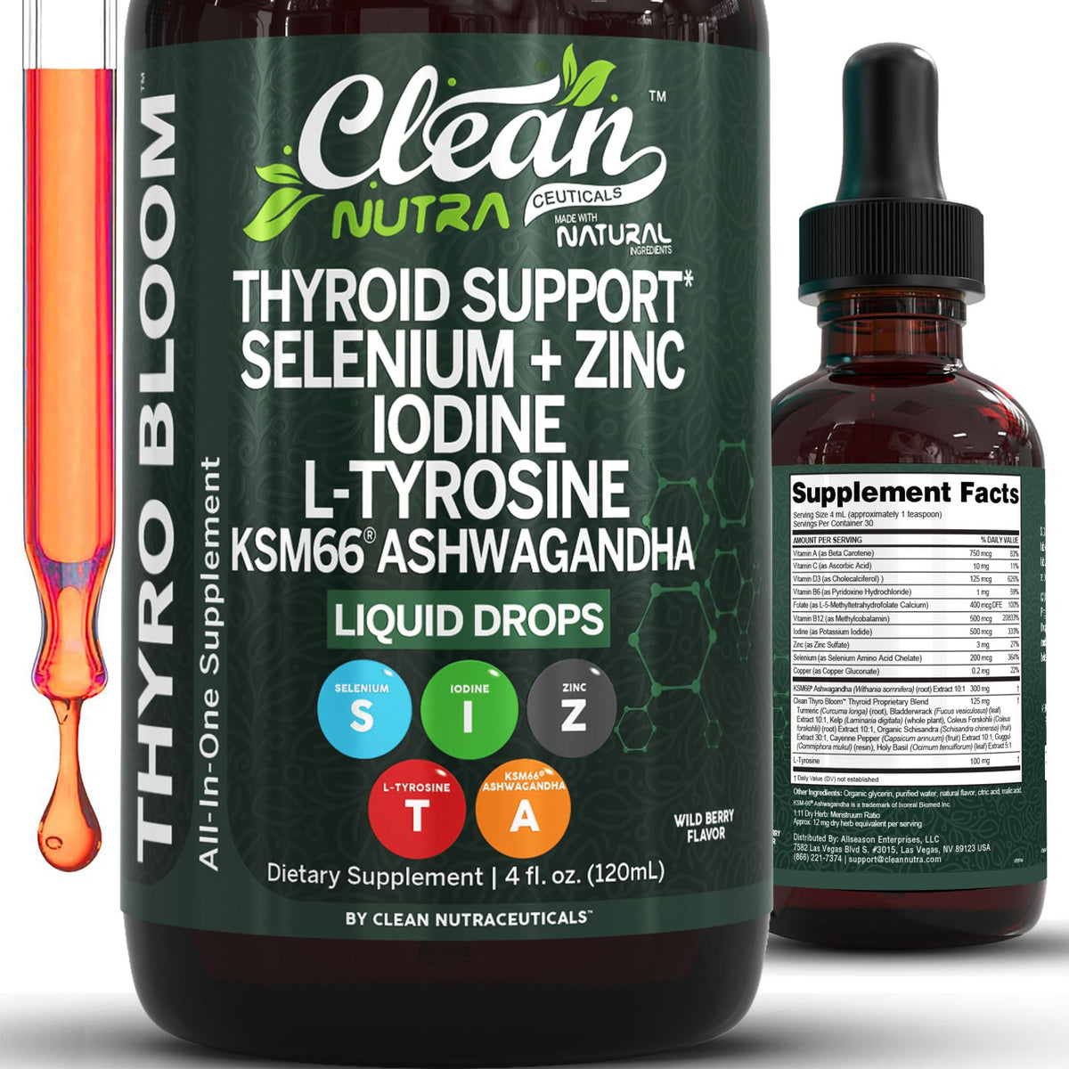ThyroBloom Thyroid Support for Women Liquid Drops Iodine L-Tyrosine Selenium Copper Ashwagandha Zinc Kelp Bladderwrack Schisandra Guggul Turmeric Vitamin A D3 B12 Clean Nutraceuticals