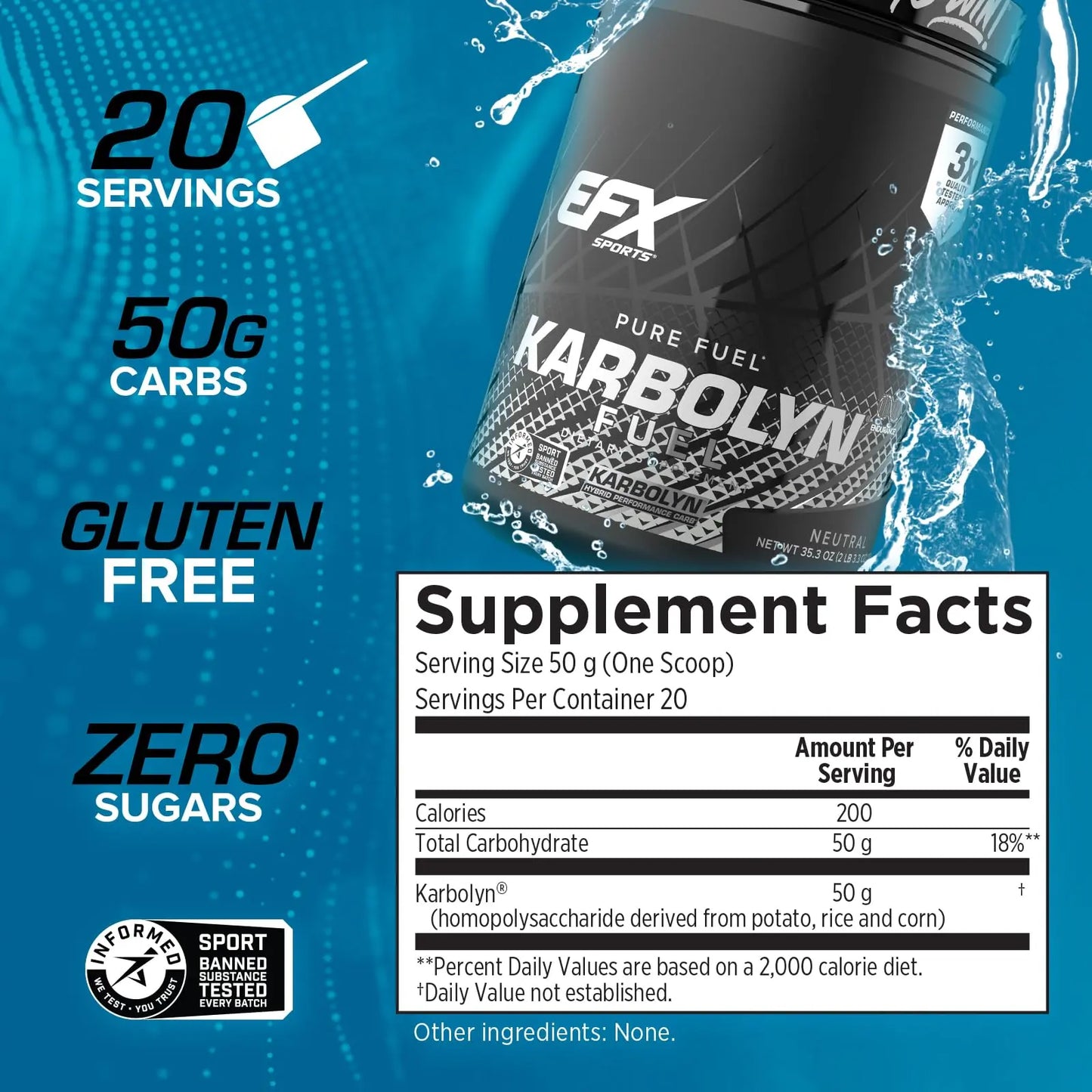 EFX Sports Karbolyn Fuel | Fast-Absorbing Carbohydrate Powder | Carb Load, Sustained Energy, Quick Recovery | Stimulant Free | 20 Servings (Neutral) EFX Sports