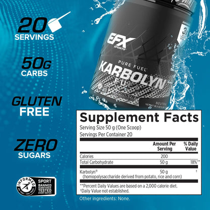 EFX Sports Karbolyn Fuel | Fast-Absorbing Carbohydrate Powder | Carb Load, Sustained Energy, Quick Recovery | Stimulant Free | 20 Servings (Neutral) EFX Sports