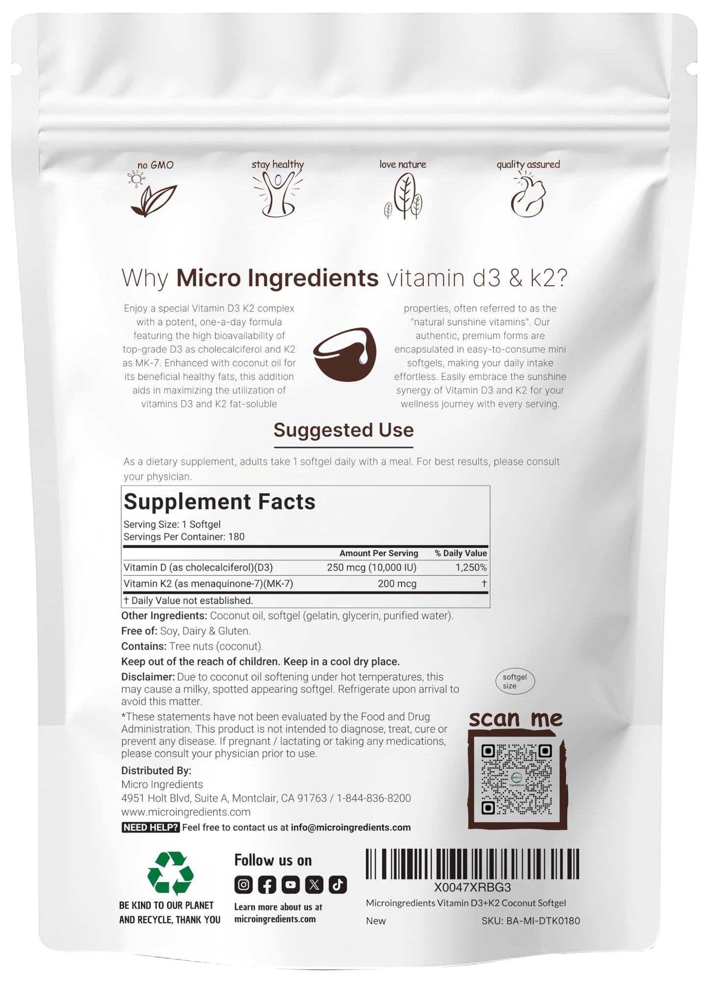 Micro Ingredients Vitamin D3 10,000 IU + K2 MK-7 200 mcg, 180 Softgels with Virgin Coconut Oil | 2-in-1 Vitamins D & K Complex Micro Ingredients