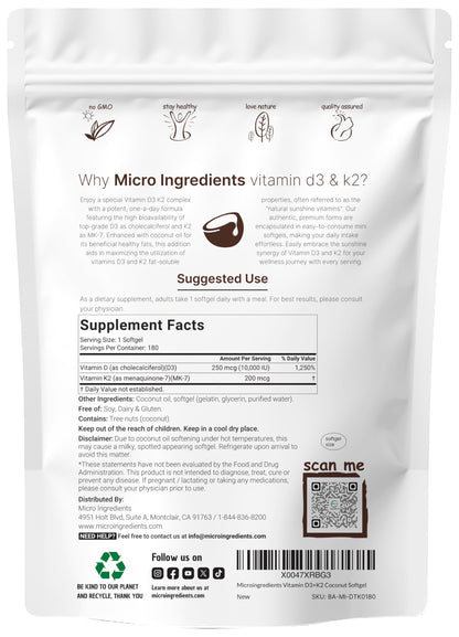 Micro Ingredients Vitamin D3 10,000 IU + K2 MK-7 200 mcg, 180 Softgels with Virgin Coconut Oil | 2-in-1 Vitamins D & K Complex Micro Ingredients