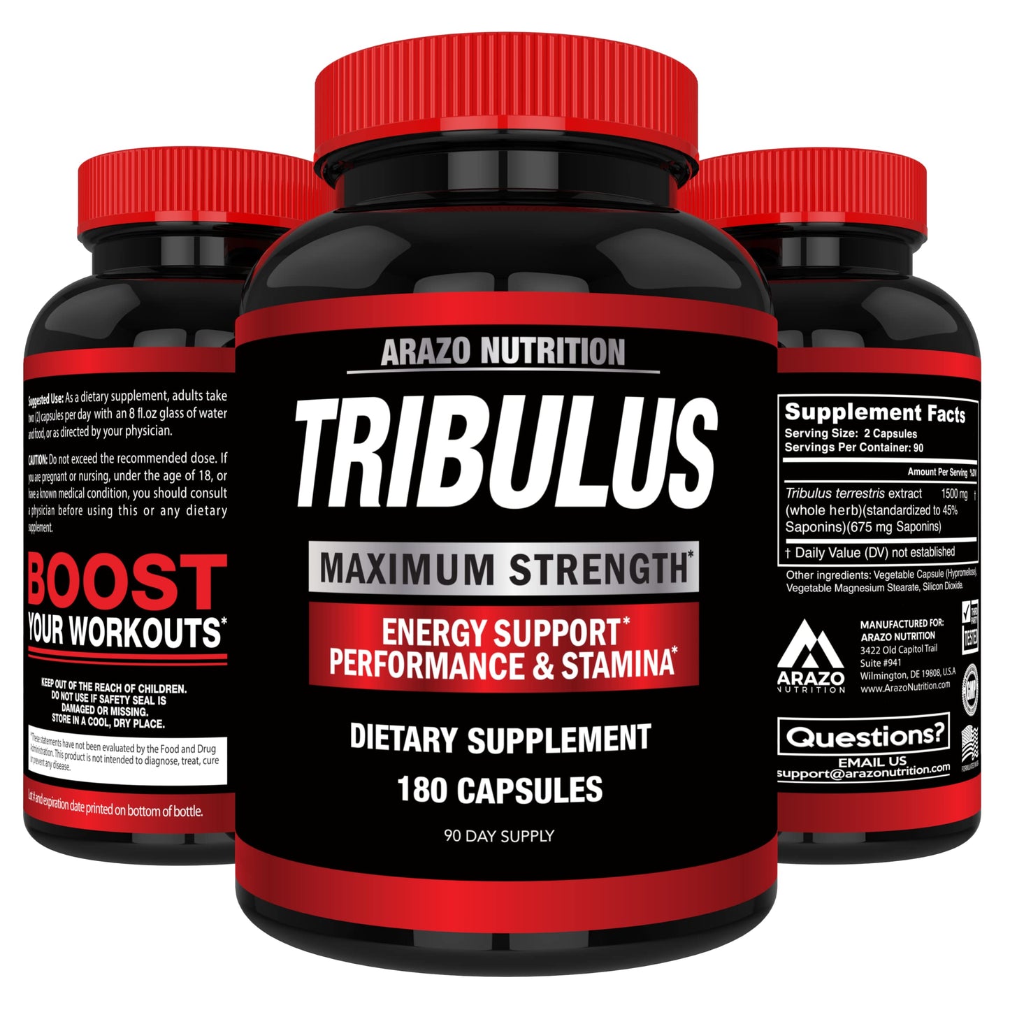 Arazo Nutrition Tribulus Terrestris 1500mg Extract Powder Per Serving – 180 Capsules - Energy Booster with Estrogen Blocker Gsupps Australia