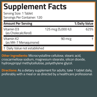 Bronson Vitamin K2 D3 (MK7) Supplement Non-GMO Formula Vitamin D3 5000IU (125 mcg) & 90 mcg K2 MK-7, Easy to Swallow D Bronson