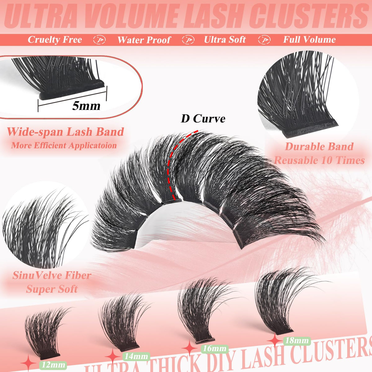 Lash Cluster 260D Full Volume Cluster Lashes Bold 12-18mm Mega Lash Clusters Supplies Wispy D Curve False Eyelashes Clusters Reusable DIY Salon Look Eye Lash Clusters Extension By Hiklasy HK HIKLASY