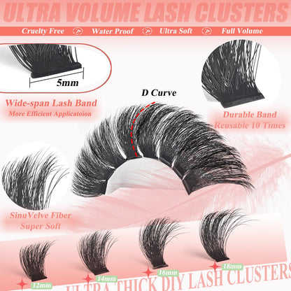 Lash Cluster 260D Full Volume Cluster Lashes Bold 12-18mm Mega Lash Clusters Supplies Wispy D Curve False Eyelashes Clusters Reusable DIY Salon Look Eye Lash Clusters Extension By Hiklasy HK HIKLASY