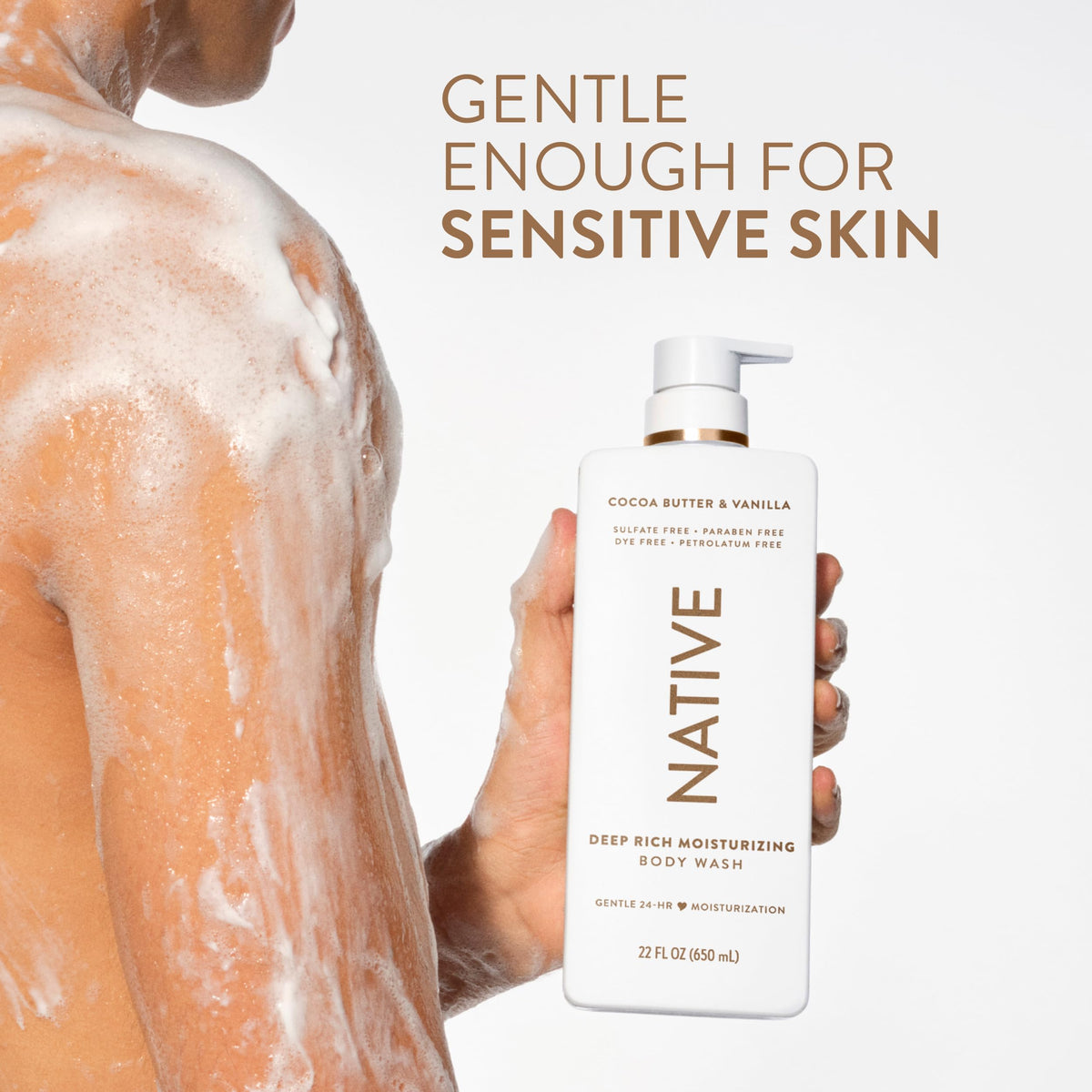 Native Moisturizing Body Wash, Clean & Gentle 24-Hour Hydration with Shea Butter, for Sensitive and Dry Skin, for Women & Men, Sulfate-free, Paraben-free, Cocoa Butter & Vanilla, 22 fl oz Native