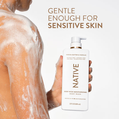 Native Moisturizing Body Wash, Clean & Gentle 24-Hour Hydration with Shea Butter, for Sensitive and Dry Skin, for Women & Men, Sulfate-free, Paraben-free, Cocoa Butter & Vanilla, 22 fl oz Native