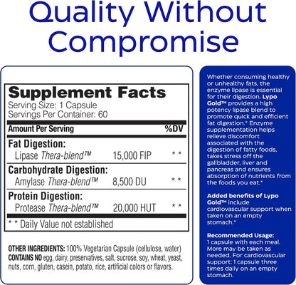 Enzymedica Lypo Gold - Protease, Amylase & Lipase Digestive Enzymes for Women & Men, Enzyme Supplement for Fat Digestion, Gut Health & Gallbladder Support, Helps Gas & Bloating, Gluten Free - 60 Caps Gsupps Australia