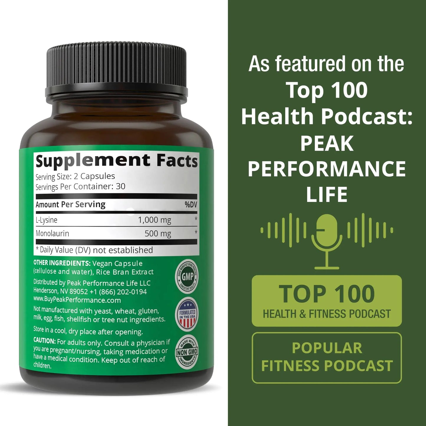 Peak Performance L Lysine 1000mg + Monolaurin 500mg High Potency Supplement for Lips, Skin, & Immune Support - L-Lysine 2-in-1 Bioavailable Supplements Peak Performance