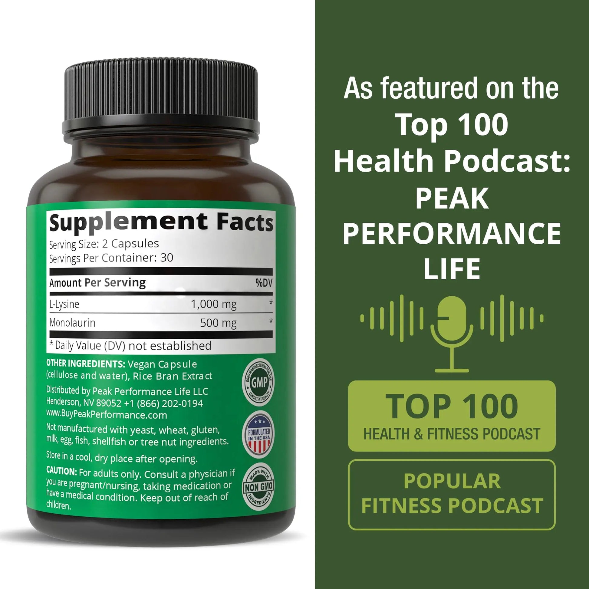 Peak Performance L Lysine 1000mg + Monolaurin 500mg High Potency Supplement for Lips, Skin, & Immune Support - L-Lysine 2-in-1 Bioavailable Supplements Peak Performance