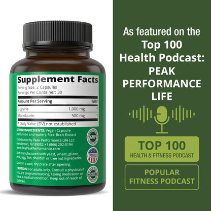 Peak Performance L Lysine 1000mg + Monolaurin 500mg High Potency Supplement for Lips, Skin, & Immune Support - L-Lysine 2-in-1 Bioavailable Supplements Peak Performance