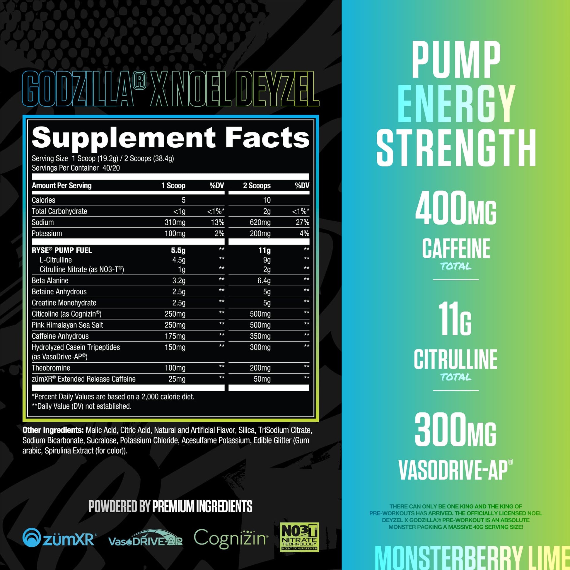 RYSE Godzilla X Noel Deyzel Pre Workout Powder - Monsterberry Lime - 400mg Caffeine, High Stim Pre-Workout for Men & Women with Citrulline & Beta Alanine - Energy, Pump & Focus - 20/40 Servings RYSE Up Supplements buy australia supplements