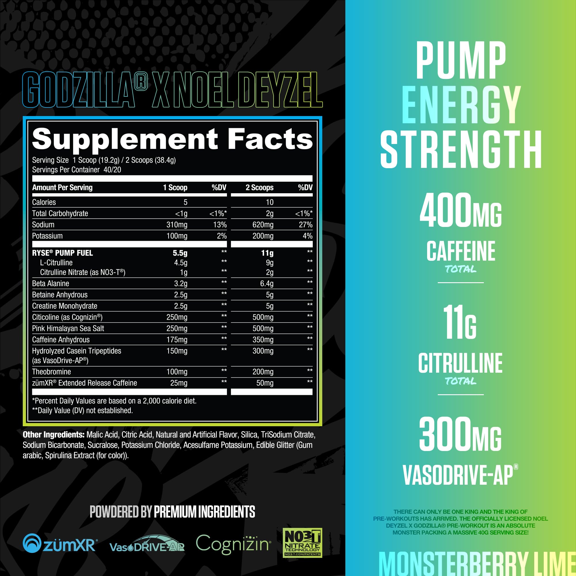 RYSE Godzilla X Noel Deyzel Pre Workout Powder - Monsterberry Lime - 400mg Caffeine, High Stim Pre-Workout for Men & Women with Citrulline & Beta Alanine - Energy, Pump & Focus - 20/40 Servings RYSE Up Supplements buy australia supplements