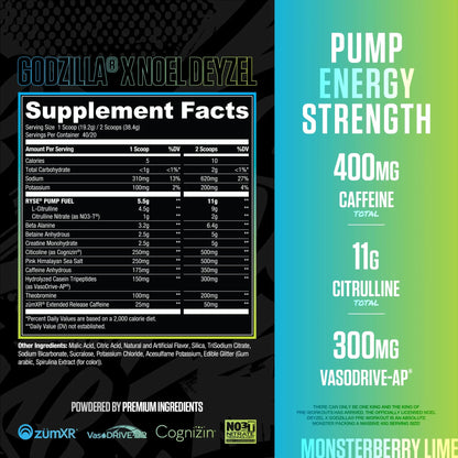 RYSE Godzilla X Noel Deyzel Pre Workout Powder - Monsterberry Lime - 400mg Caffeine, High Stim Pre-Workout for Men & Women with Citrulline & Beta Alanine - Energy, Pump & Focus - 20/40 Servings RYSE Up Supplements