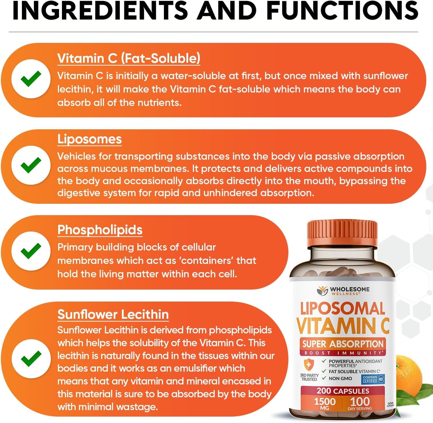 Wholesome Wellness Liposomal Vitamin C Capsules (200 Pills 1500mg Buffered) High Absorption, Immune System & Collagen Booster, High Dose Fat Soluble Immunity Support Ascorbic Acid, Natural Vegan Gsupps Australia