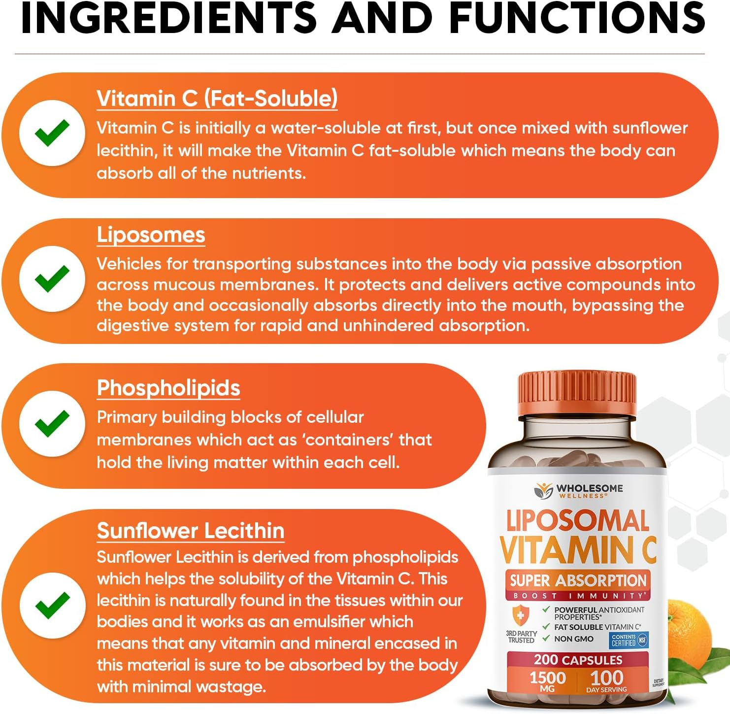 Wholesome Wellness Liposomal Vitamin C Capsules (200 Pills 1500mg Buffered) High Absorption, Immune System & Collagen Booster, High Dose Fat Soluble Immunity Support Ascorbic Acid, Natural Vegan Gsupps Australia