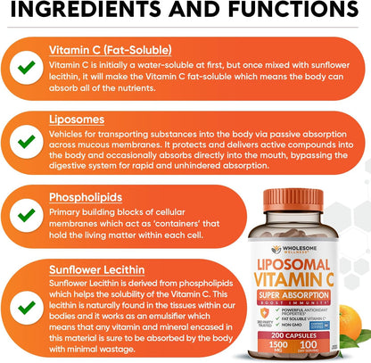 Wholesome Wellness Liposomal Vitamin C Capsules (200 Pills 1500mg Buffered) High Absorption, Immune System & Collagen Booster, High Dose Fat Soluble Immunity Support Ascorbic Acid, Natural Vegan Gsupps Australia