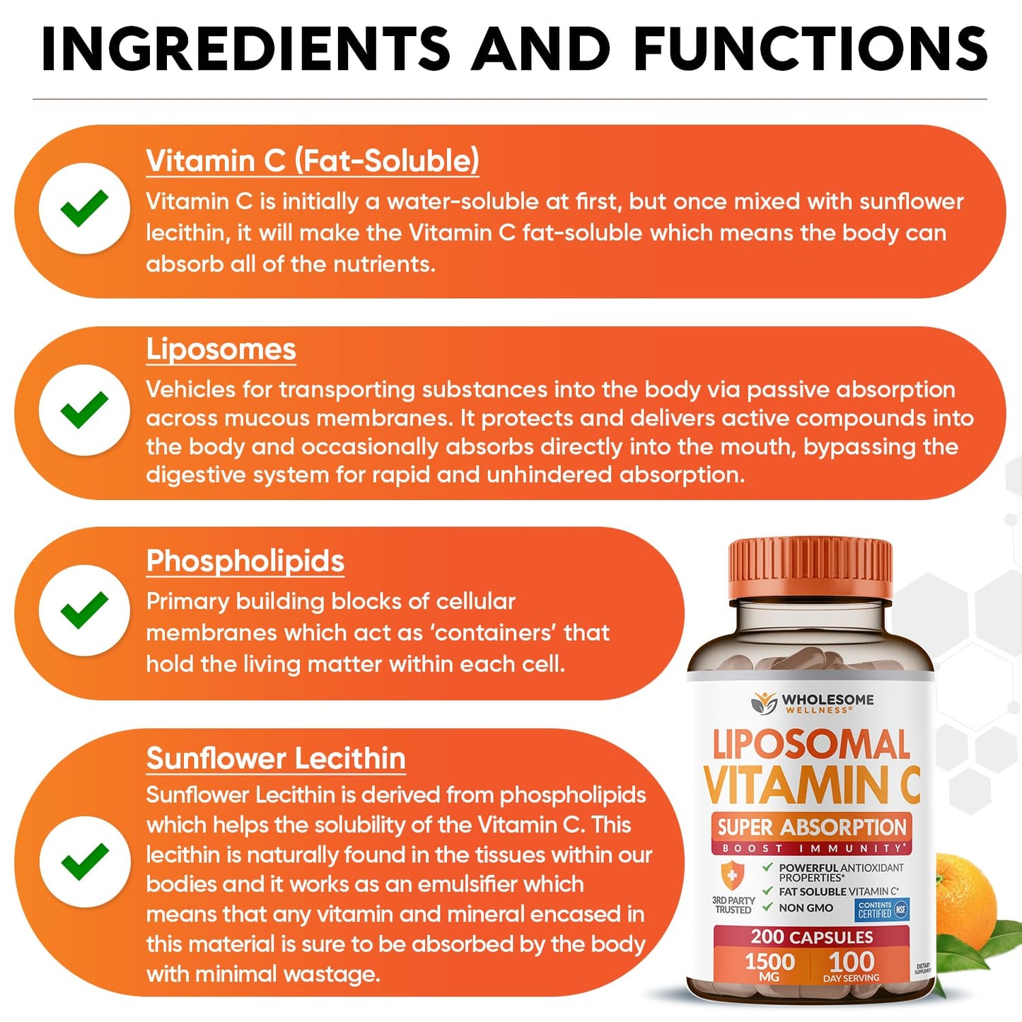 Wholesome Wellness Liposomal Vitamin C Capsules (200 Pills 1500mg Buffered) High Absorption, Immune System & Collagen Booster, High Dose Fat Soluble Immunity Wholesome Wellness