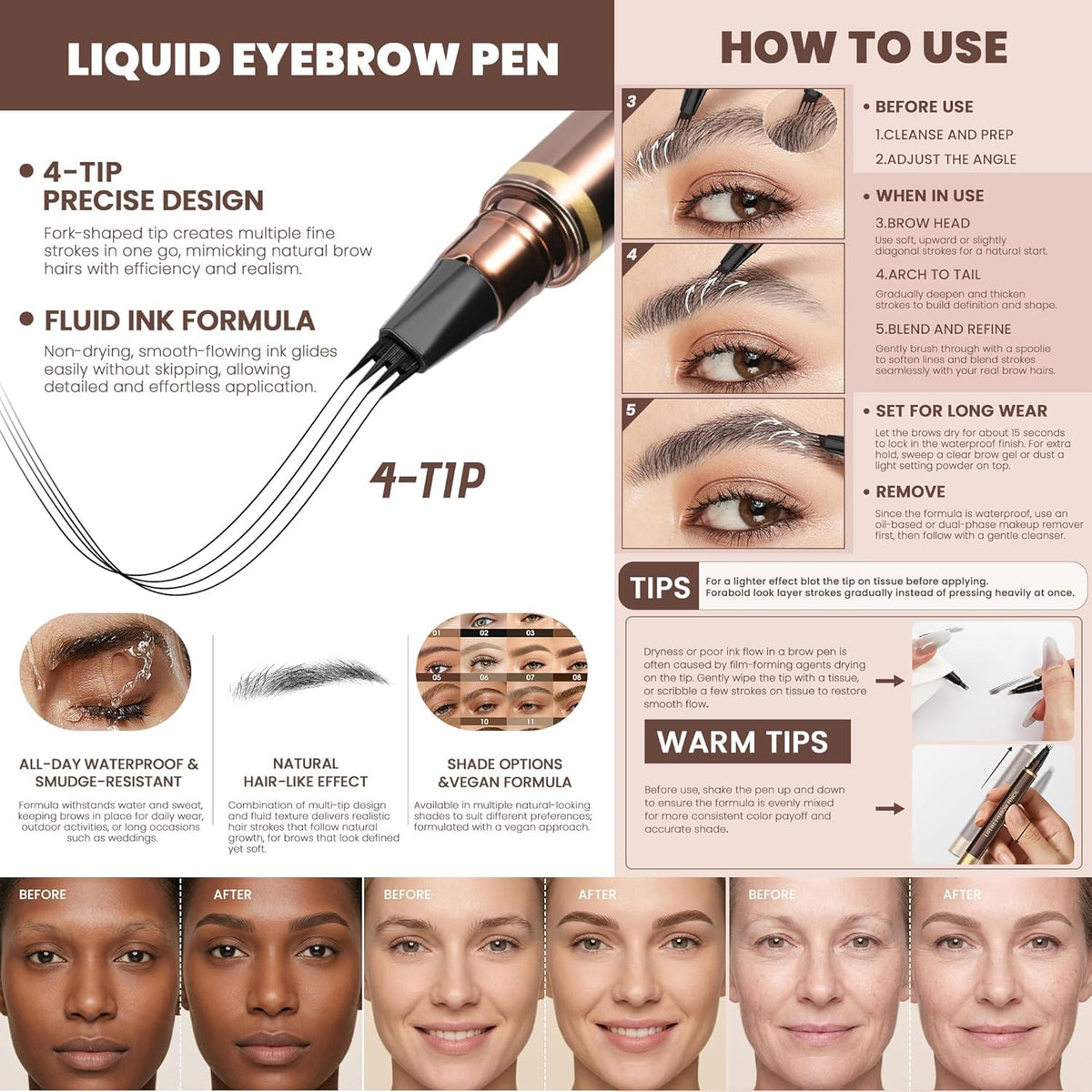 Espoce 2 Pack Eyebrow Pen, Waterproof Microblading Eyebrow Pencil, 4 Tip Precise Eye Brow Makeup Pen for Women to Effortlessly Create Hair Like Natural Brows, Non Dry Out and Last All Day (Dark Brown) Espoce