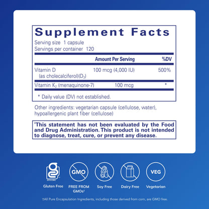 Pure Encapsulations Vitamin D3 & K2 - Bone & Vascular Health Support - Immune Function Support - Gluten Free - Non-GMO - 120 Capsules Pure Encapsulations