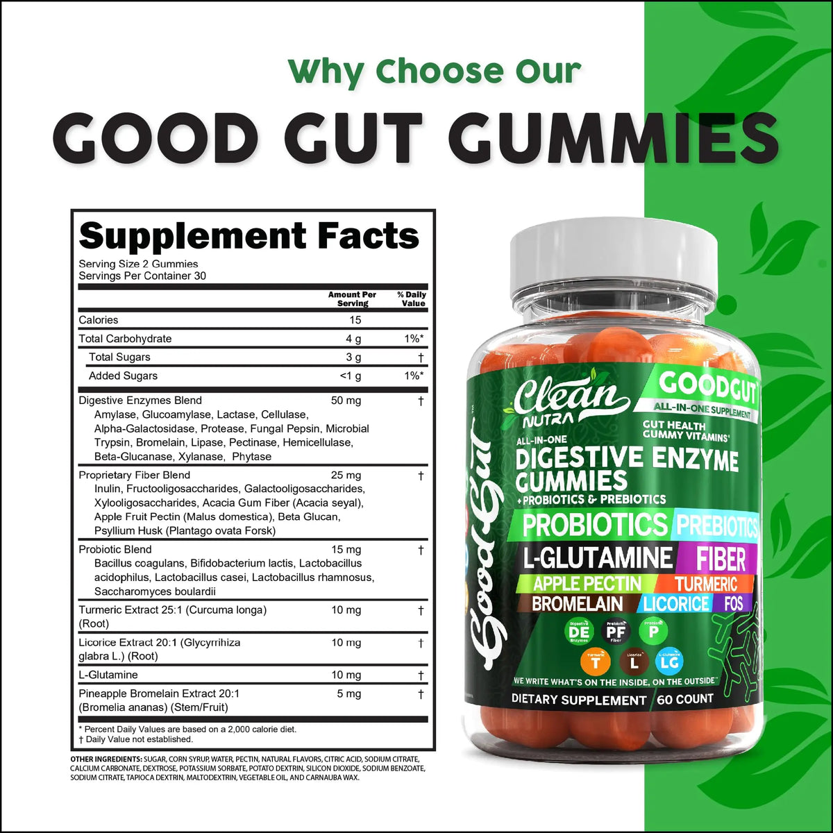 Clean Nutraceuticals Digestive Enzymes with Probiotics & Prebiotics for Digestive Health Gummies & L-Glutamine for Gut Health Bromelain Apple Pectin Inulin FOS Plant Clean Nutraceuticals