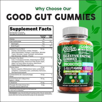 Clean Nutraceuticals Digestive Enzymes with Probiotics & Prebiotics for Digestive Health Gummies & L-Glutamine for Gut Health Bromelain Apple Pectin Inulin FOS Plant Clean Nutraceuticals